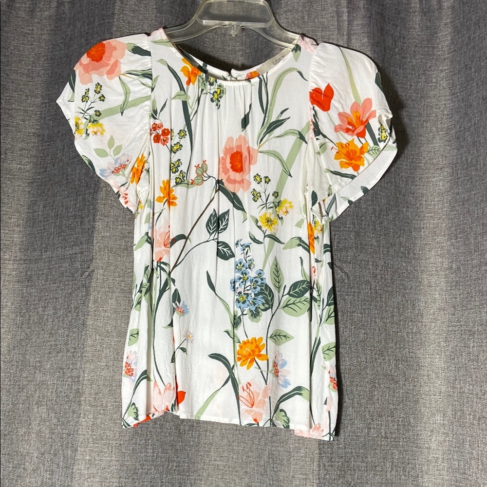 LOFT White Floral Puff Sleeve Blouse with buttons down the back